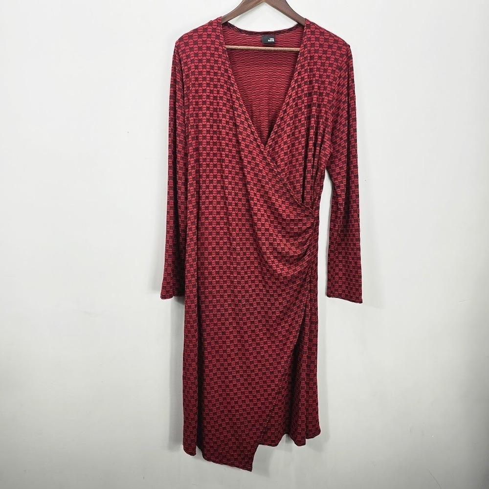 Lisa Bayne Midi Dress XL Red Asymmetric‎ Geometric Print Long Sleeve Faux Wrap